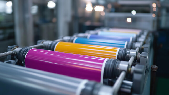 A high speed offset printing press with multiple color units is shown in full operation producing vibrant magazine spreads. The synchronized ink rollers and precision registration