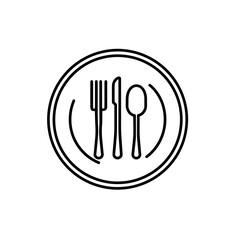 Illustration of a plate with a fork knife and spoon in black and white minimalist style for restaurant icon