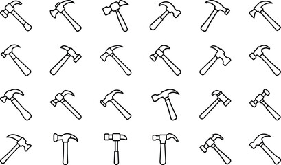 Collection of black outline hammer icons on white background tool construction
