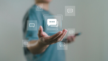 Digital feedback interface with comment, user interacting with feedback system using futuristic...