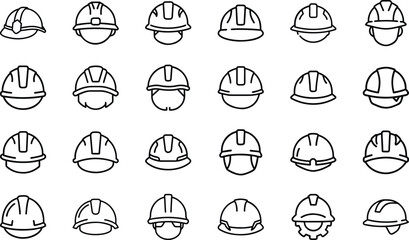 Collection of black line art icons of construction worker helmets on white background
