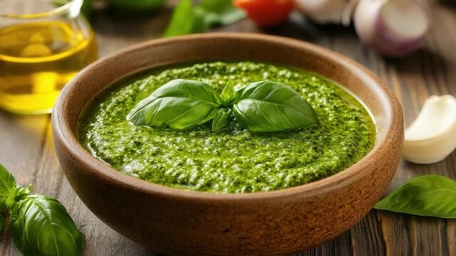 Fresh green basil pesto in a wooden bowl with olive oil and garlic on the side