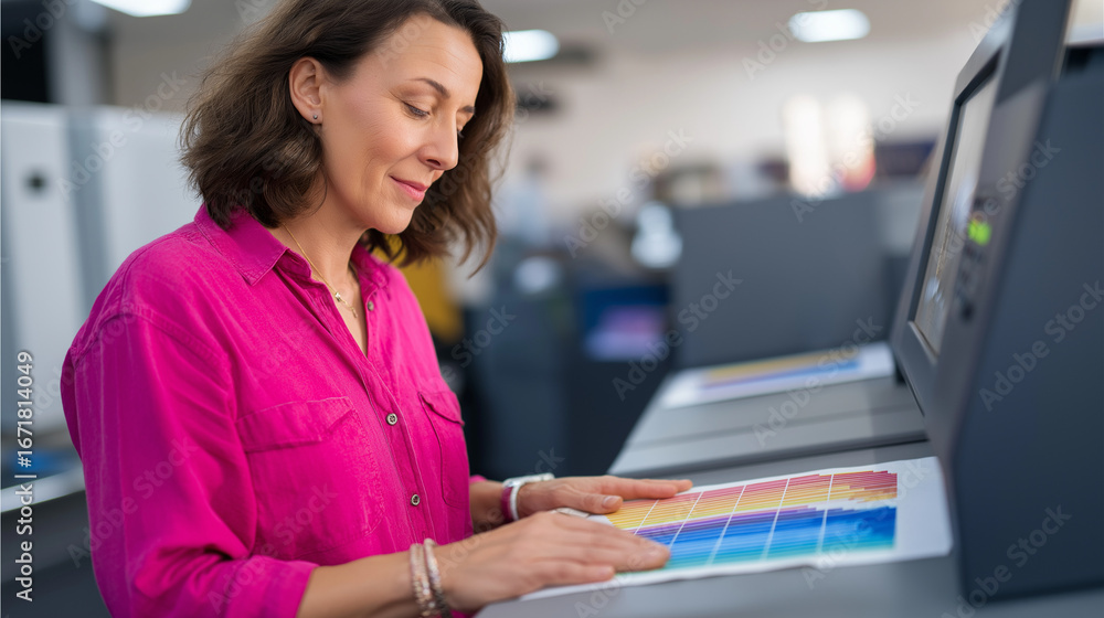 Poster at a color accurate proofing station a print specialist uses a spectrophotometer to validate print q