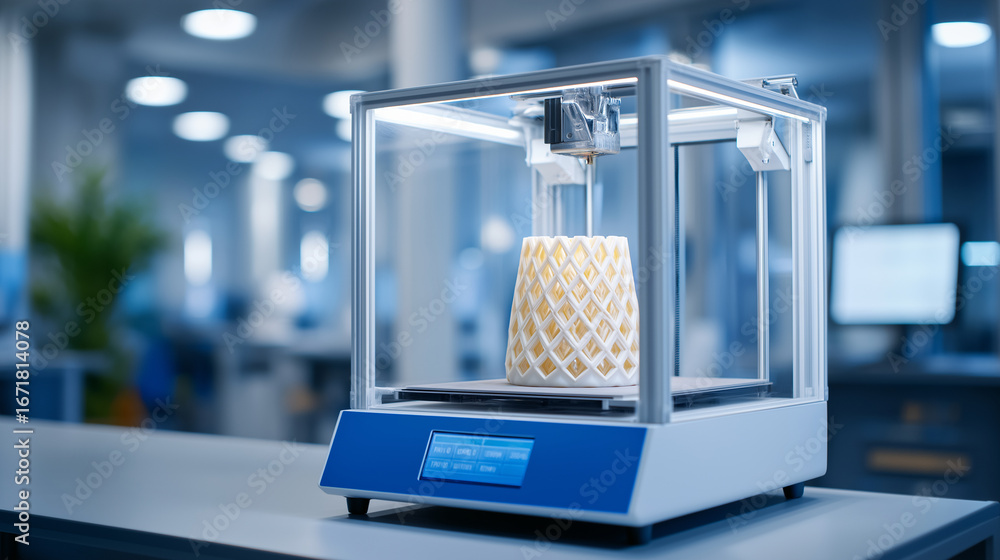 Poster an advanced industrial 3d printer creates a complex automotive prototype with multi material capabil