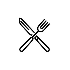 Crossed knife and fork icon representing dining or food related services in a simple black outline style