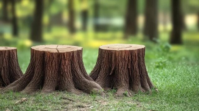 Three weathered tree stumps with visible bark texture sit on a grassy forest floor