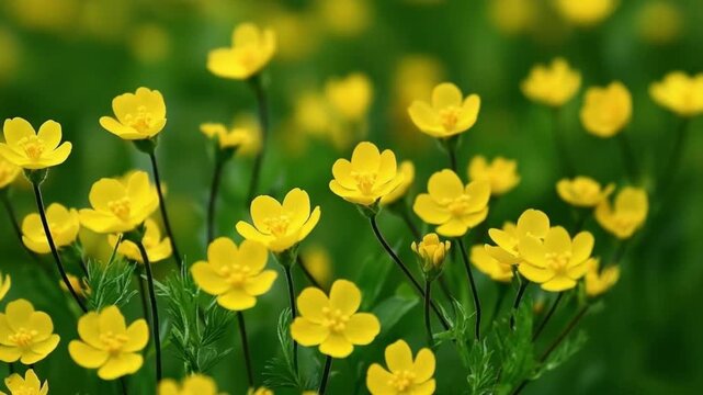 Numerous bright yellow buttercup flowers bloom vibrantly on delicate green stems
