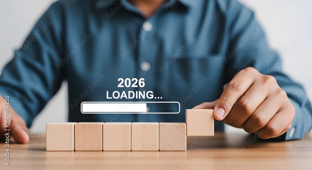 Poster planning for future success concept with wooden blocks and loading bar for year two thousand twenty 