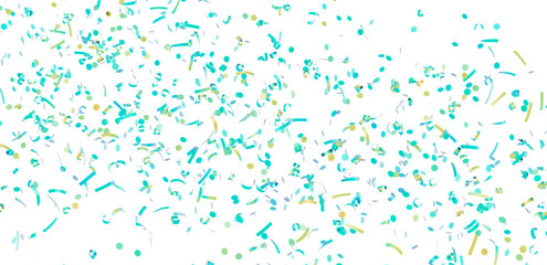 Bright teal and gold confetti falling on white background. Perfect for celebrations, parties, and festive designs.