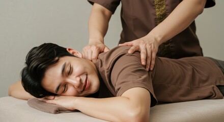 Asian man receiving a Thai massage while lying down