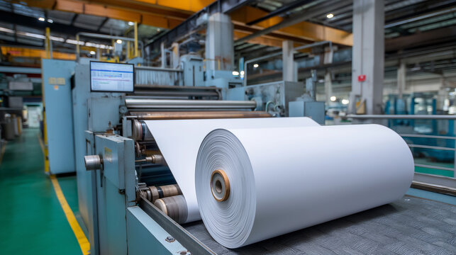 An automated newspaper printing plant shows a web fed press running at high speed. A screen displays the real time ink density monitoring and web tension control systems that