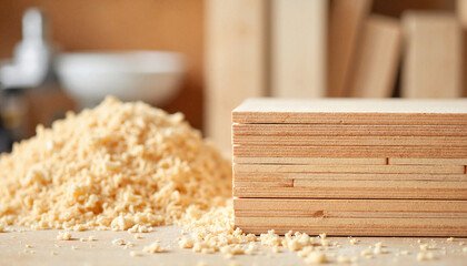 Wooden planks and sawdust on workbench in carpentry workshop  