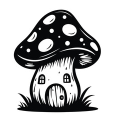 Black and white illustration of a mushroom house with windows and door