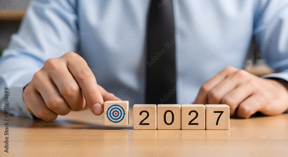 Poster setting business goals for the year of 2027 concept with target on wooden blocks and hand placing it