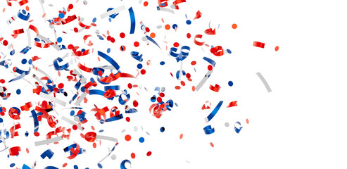 Colorful confetti explosion, perfect for party invitations, banners, and celebratory designs. Red, white, and blue.