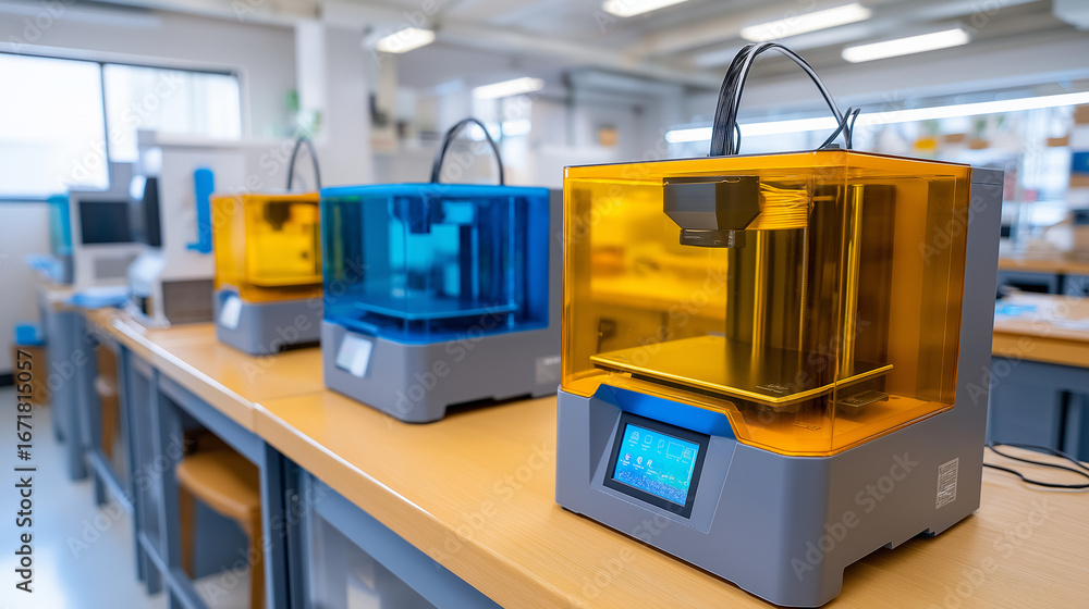 Poster a multi color desktop 3d printing lab features several machines with filament management systems. th