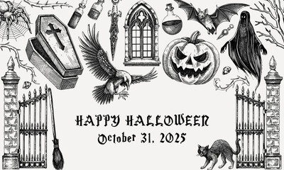 Vampire party invitation design. Halloween hand drawn vector illustration. Gothic background. NOT AI generated