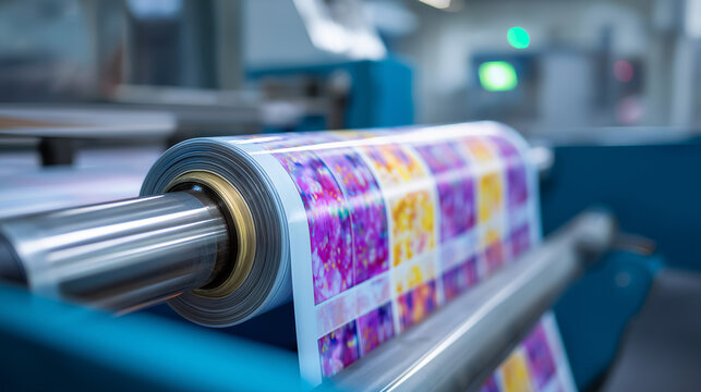 A high speed flexographic printing press produces colorful flexible food packaging. The precise registration of the printing plates ensures superior print quality on the roll of