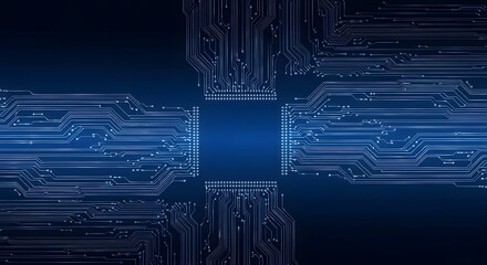 Futuristic glowing blue microchip circuit board with data streams