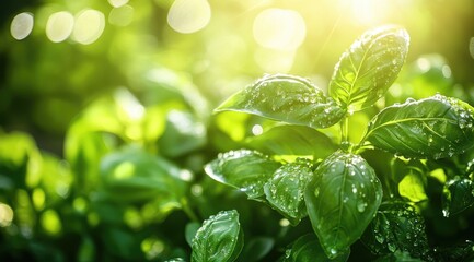 Fresh basil leaves glistening with dew drops in sunlight (1)