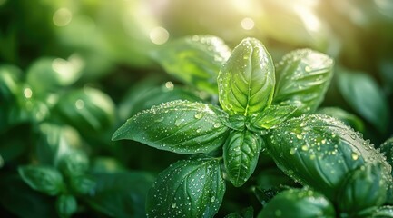 Fresh basil leaves glistening with dew drops (3)