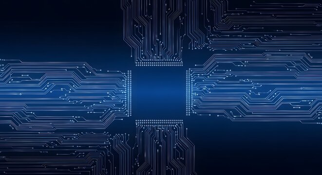 Futuristic glowing blue microchip circuit board with data streams