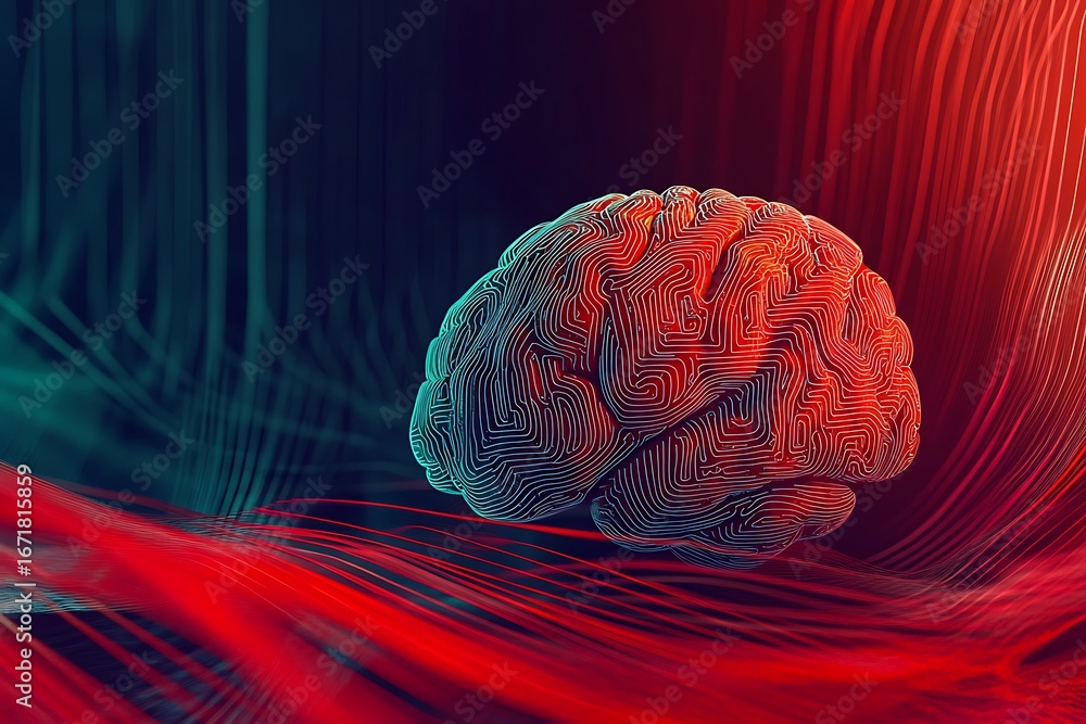 Poster abstract brain design with wavy lines in vibrant red and cyan colors for digital art