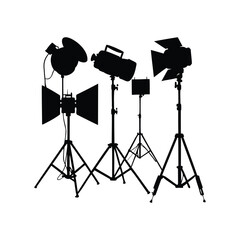 Silhouette of professional studio lighting equipment on tripods for photography and video, studio lighting equipment silhouette vector illustration