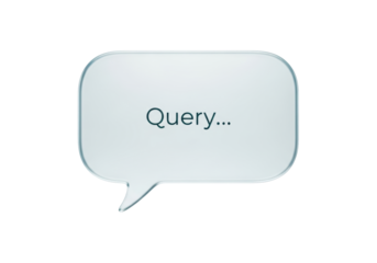 Frosted cerulean glass speech bubble with 'Query...' text, on transparent background with copy space, bright studio lighting. Concept of digital communication
