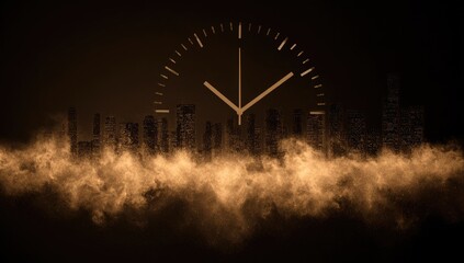 City skyline and clock in a dark, smoky background.