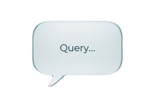 Frosted cerulean glass speech bubble with 'Query...' text, on transparent background with copy space, bright studio lighting. Concept of digital communication