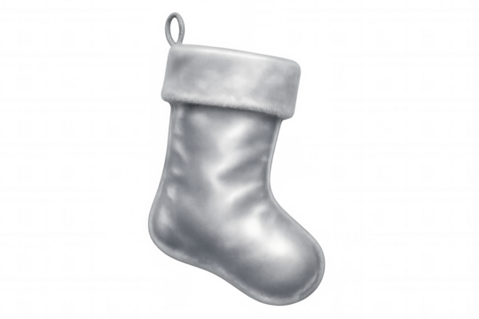 Silver christmas stocking hanging, with white fur trim and transparent background, perfect for festive designs