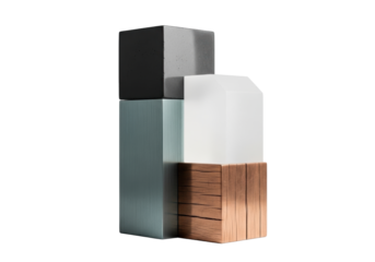 A precise minimalist sculpture of balanced geometric blocks: concrete, steel, acrylic, copper timber, on a transparent studio background. Modern design principles study.