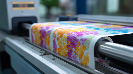 A sublimation printing operation transfers a colorful design onto a polyester fabric. The heat transfer technology is shown as the paper and fabric pass through a heat press creat
