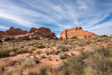 Wüstenlandschaft mit Sandsteinfelsen und Grasbewuchs