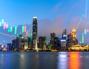 City skyline at dusk with financial data overlay