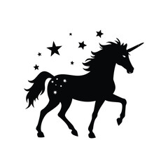 Elegant Unicorn Silhouette with Celestial Starry Sky Body and Magical Aura, unicorn with stars silhouette vector illustration
