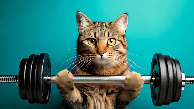 Funny cat lifting weights in a gym, Fitness and strength training concept, Funny video clip, pet