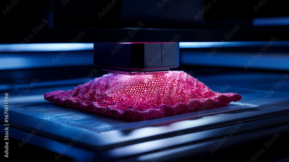Poster a 3d textile printing laboratory shows a machine creating an intricate three dimensional fabric stru
