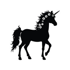 Elegant black silhouette of a unicorn adorned with delicate white flowers, unicorn with flowers in mane silhouette vector illustration