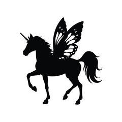 Elegant Black Silhouette of a Unicorn with Butterfly Wings on White Background, unicorn with butterfly wings silhouette vector illustration