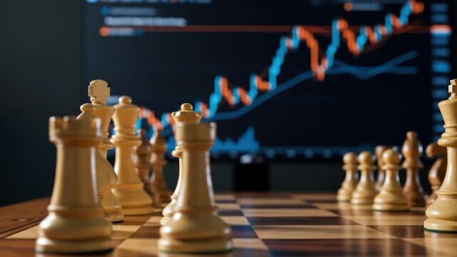 Strategic investment analysis with chess game and financial chart display
