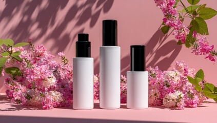 White cosmetic bottles arranged with pink flowers.
