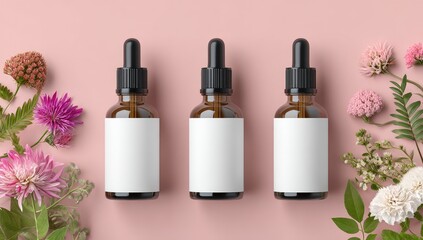 Three amber glass dropper bottles with blank labels surrounded by flowers.