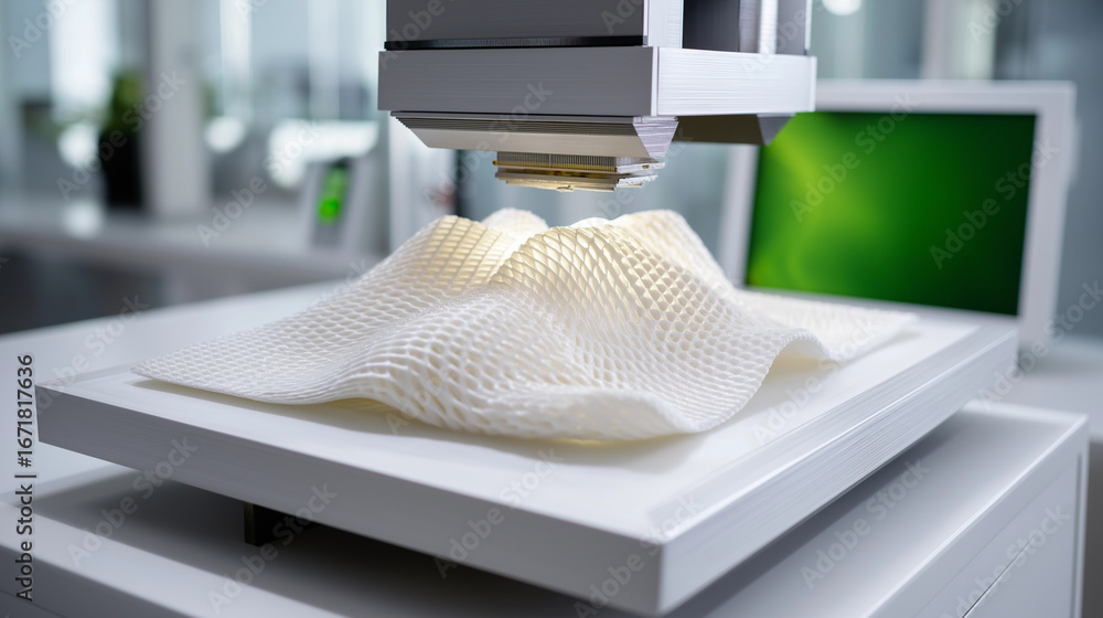Poster a 3d textile printing laboratory shows a machine creating an intricate three dimensional fabric stru