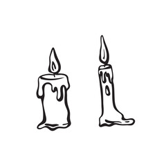 Hand drawn burning candle, black outline sketch 