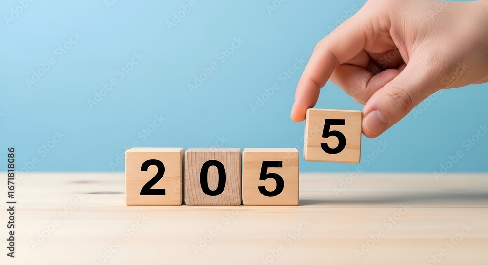Poster analyzing the year with wooden blocks: a visual representation of time and future planning ahead