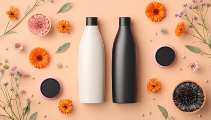Two empty bottles, surrounded by flowers, on a peach background.