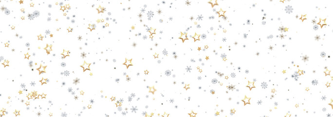 Festive winter background with gold and silver stars and snowflakes. Perfect for holidays.