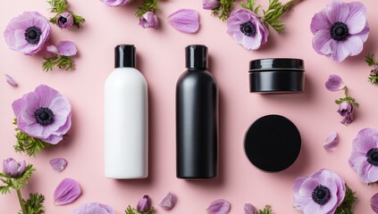 Blank cosmetic bottles and jars arranged with flowers on a pink background.